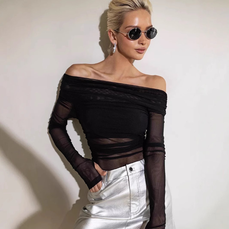 Blouse Off Shoulder - Женский сетчатый топ с открытыми плечами,