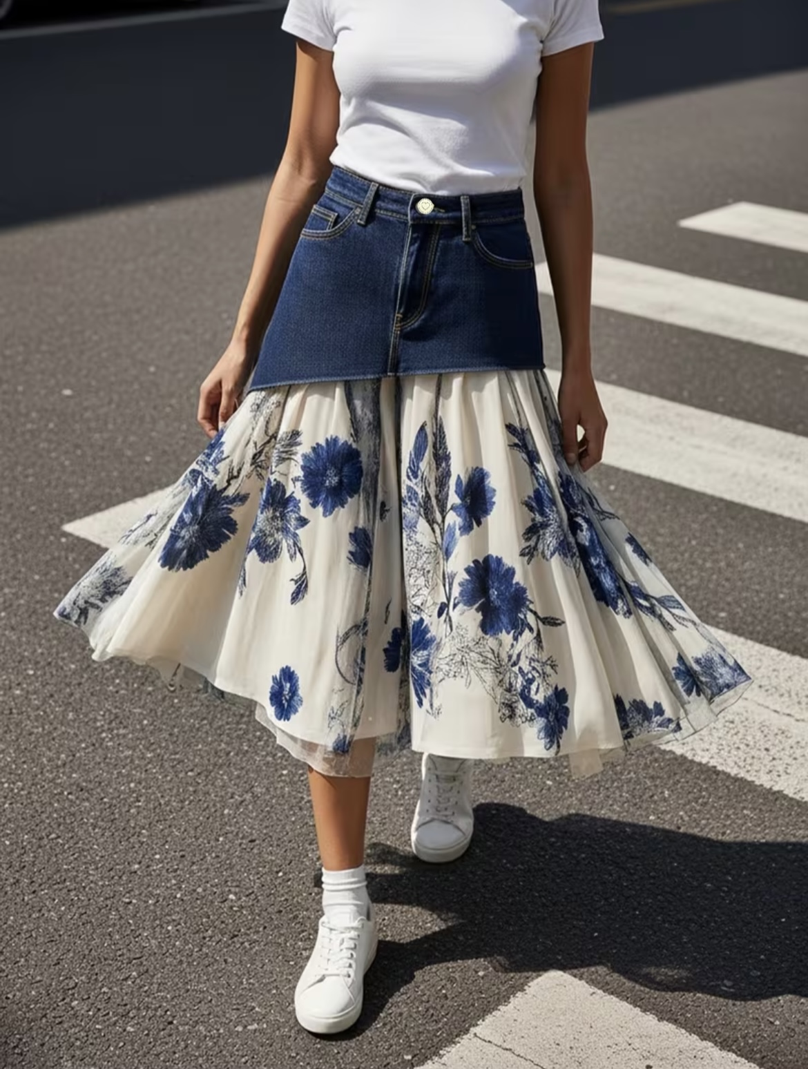 Midi Skirt Floral - Юбка миди из денима с высокой